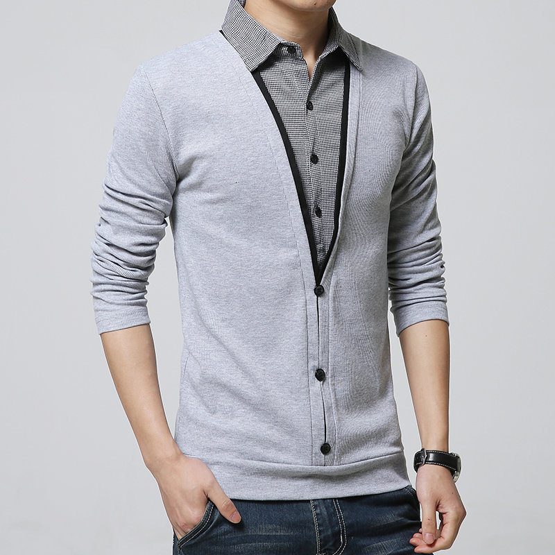 假两件衬衫领男士毛衣套头秋毛线男装韩版薄款衬衣男生针织衫t恤6237