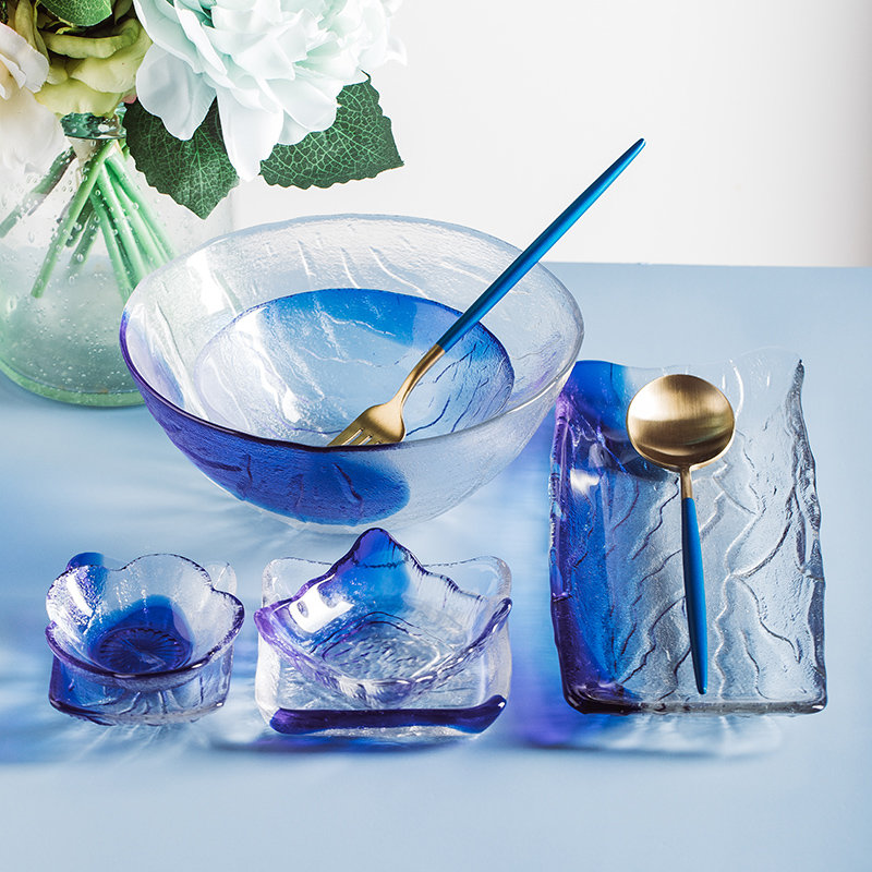 ins风蓝白创意玻璃碗碟家用个性玻璃餐具套装耐热碗盘子碟子组合水